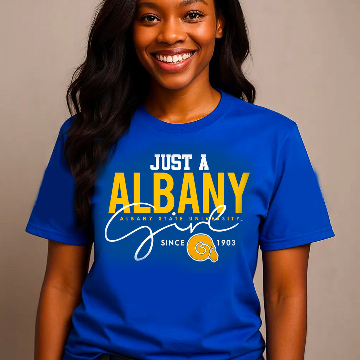 ALBANY STATE. | JUST A GIRL Royal Blue Unisex  Tees (**)