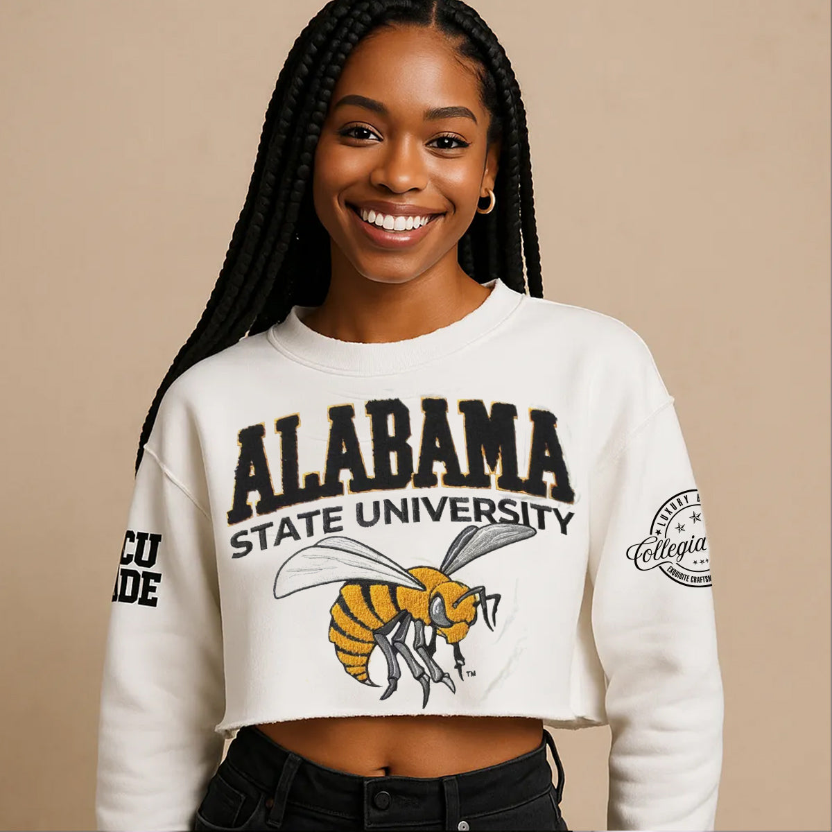 Alabama State | Chenille Crop WHITE SWEATSHIRT – collegiateluxe