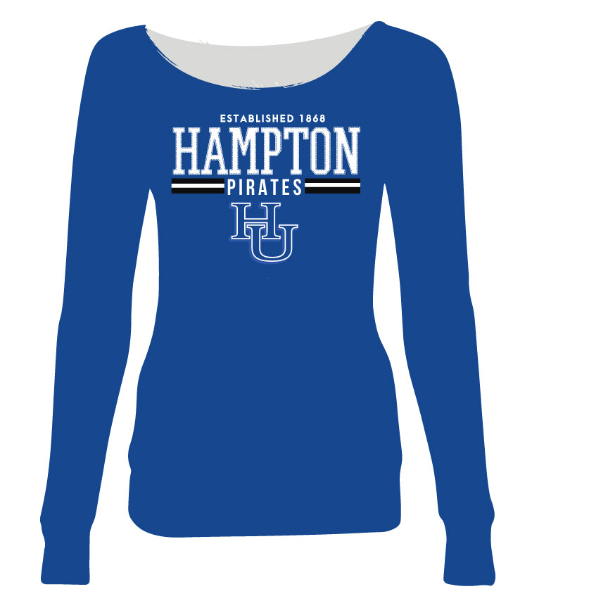 Hampton U |  | HU STRIPE | ROYAL BLUE Ladies Off The Shoulders | Chenille & Embroidery (aja)