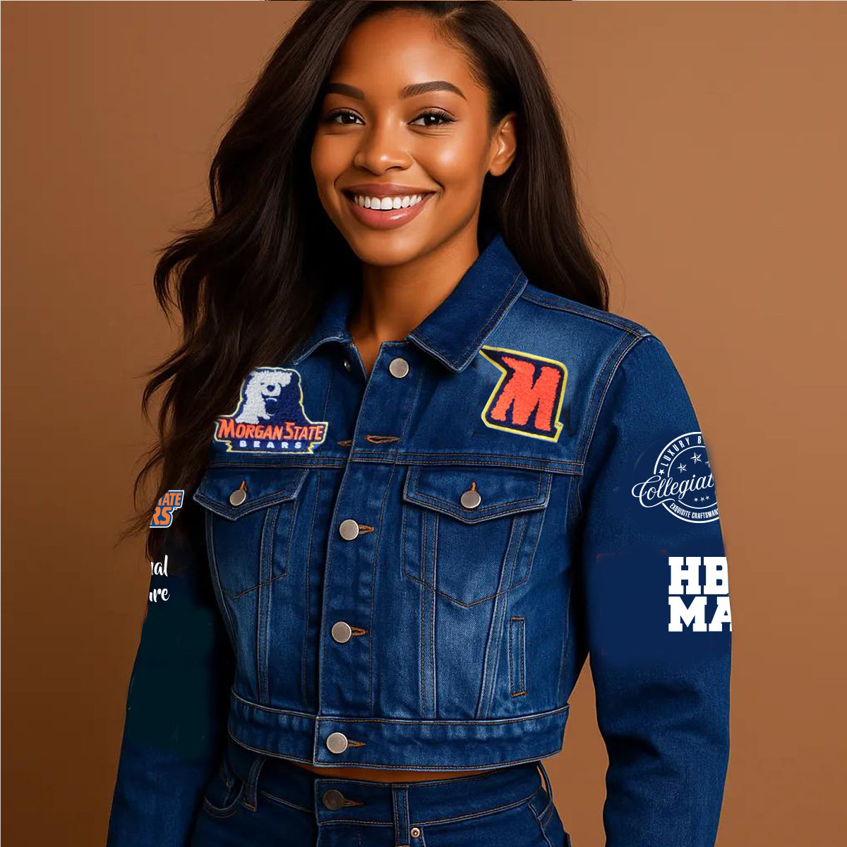 MORGAN STATE | Crop Trucker Navy DENIM JACKET – collegiateluxe