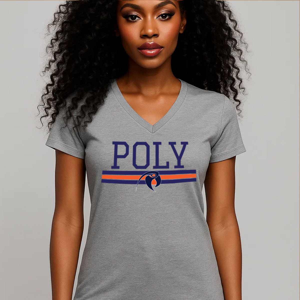 Baltimore Polytechnic Institute | POLY LOGO STRIPE Gray V-Neck Ladies Tees (**)