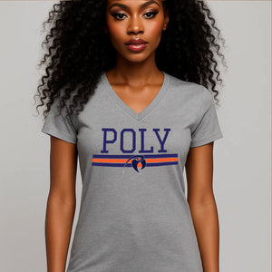 Baltimore Polytechnic Institute | POLY LOGO STRIPE Gray V-Neck Ladies Tees (**)