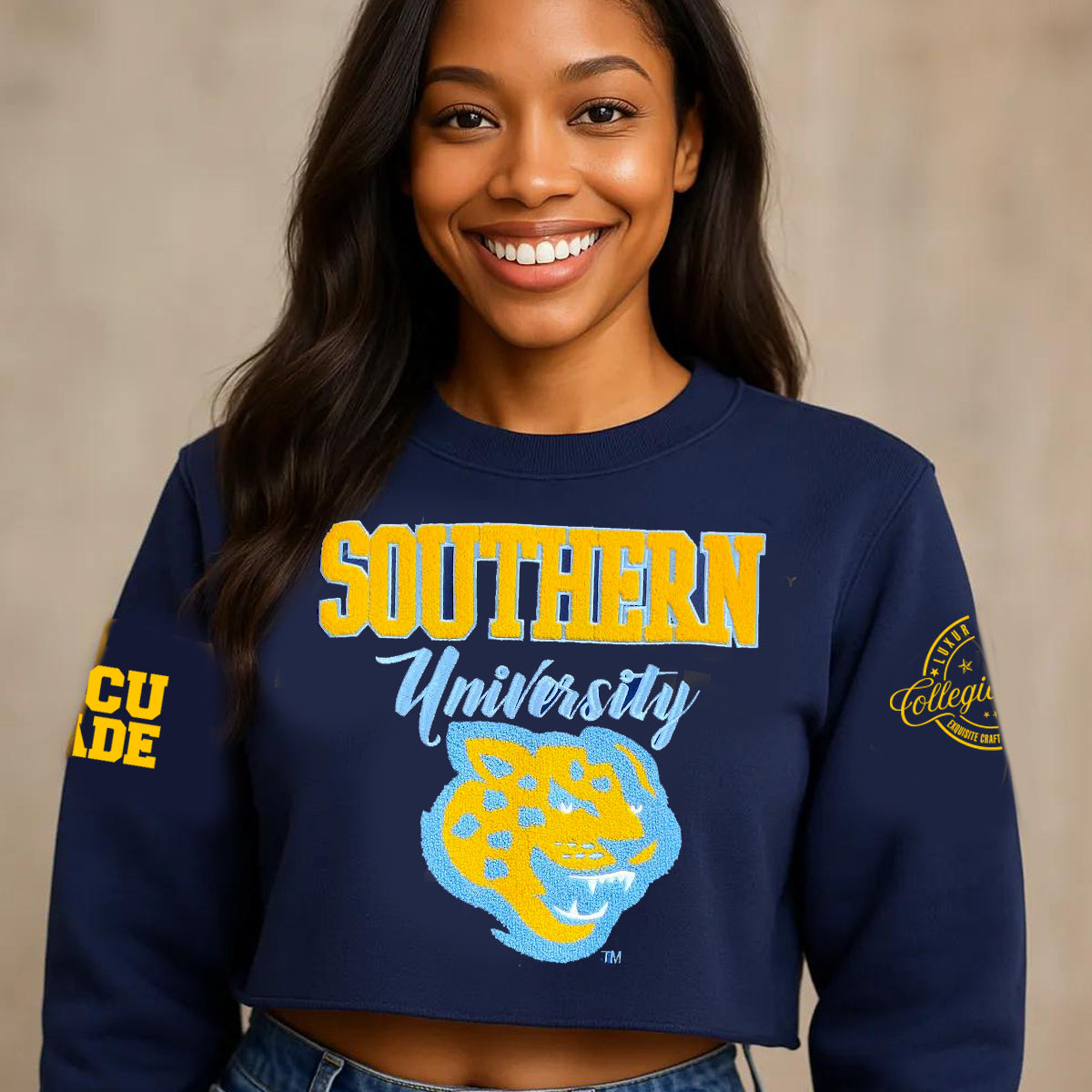 SOUTHERN Univ. | NAVY Chenille Crop sweatshirt (aja** – collegiateluxe