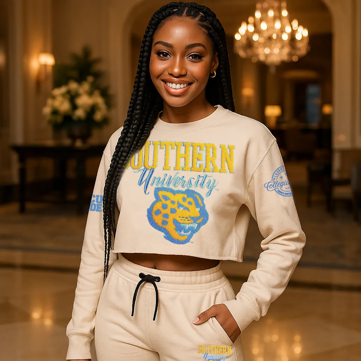Southern University | CREAM Chenille CROP SET w/ FLARE Pants