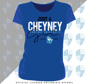Cheyney University | JUST A GIRL Royal Blue Ladies Tees
