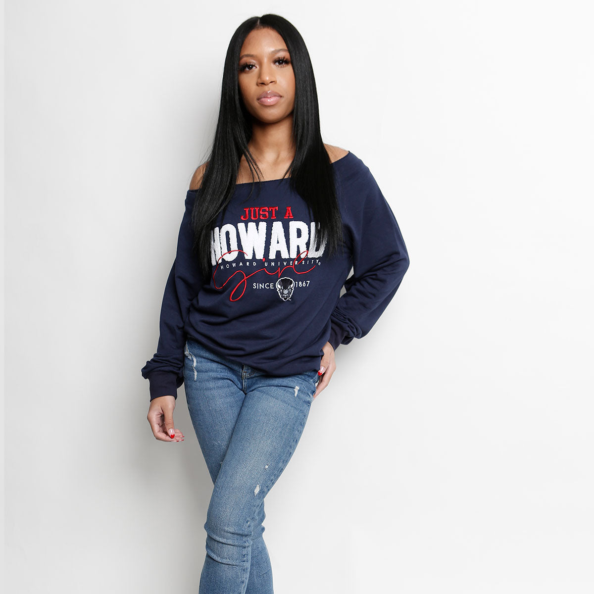 HOWARD | Just A Girl Navy Ladies Off The Shoulders | Chenille & Embroidery