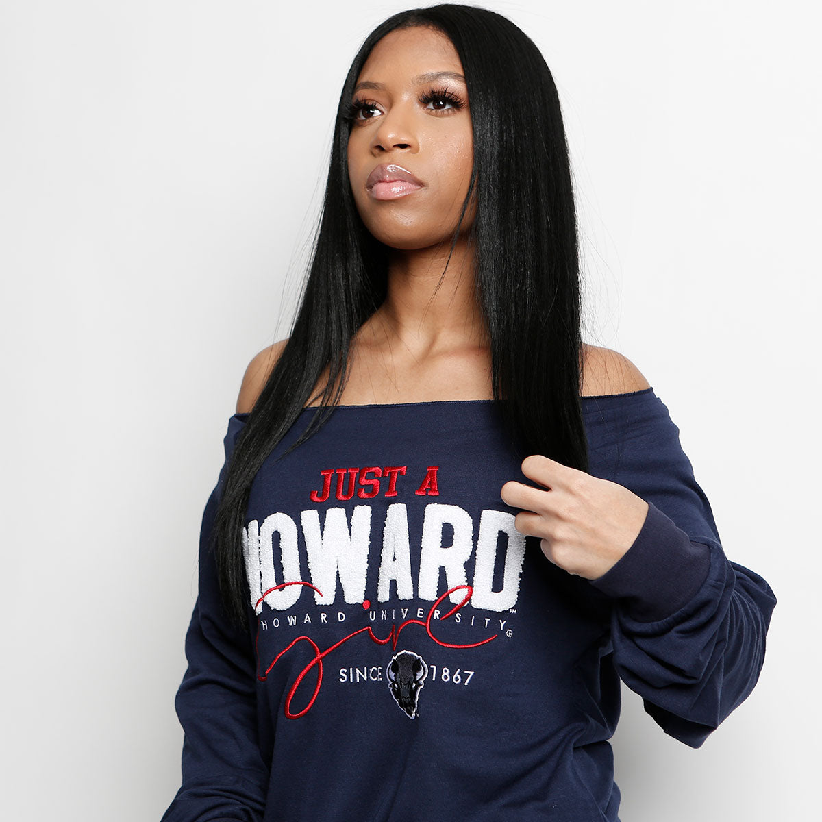 HOWARD | Just A Girl Navy Ladies Off The Shoulders | Chenille & Embroidery (aja)