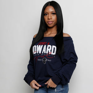 HOWARD | Just A Girl Navy Ladies Off The Shoulders | Chenille & Embroidery