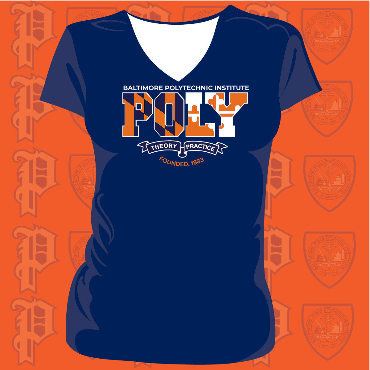 Baltimore Polytechnic Institute | POLY FLAG COLORS Navy Ladies V-Neck Tees (DK)