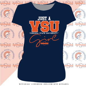 Virginia State  | VSU JUST A GIRL | Navy Ladies T-Shirts (bre)