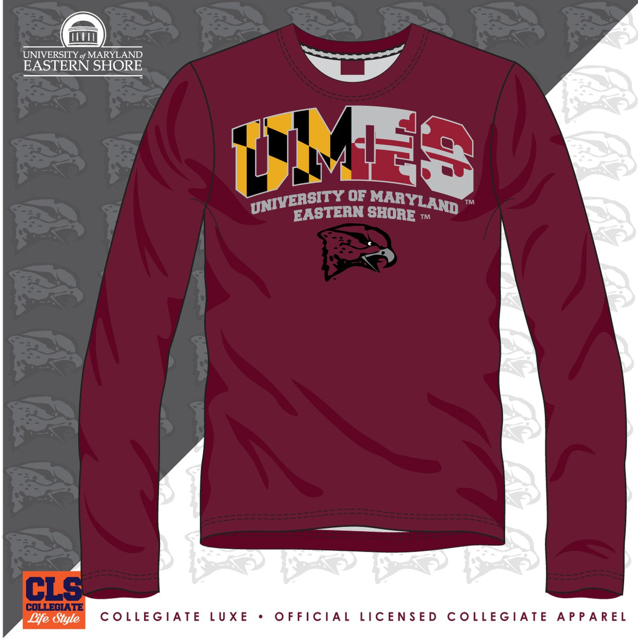 Maryland Eastern Shore | UMES | MD Flag Colors Maroon Long Sleeve Unisex Tee (**) MD, image size:1292x1292